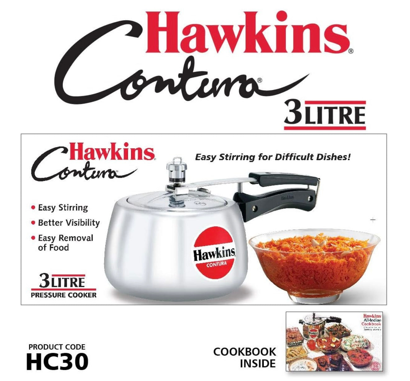 Hawkins Aluminium 3 Litre Contura Pressure Cooker,Handi Inner Lid Cooker,Silver(Hc30)