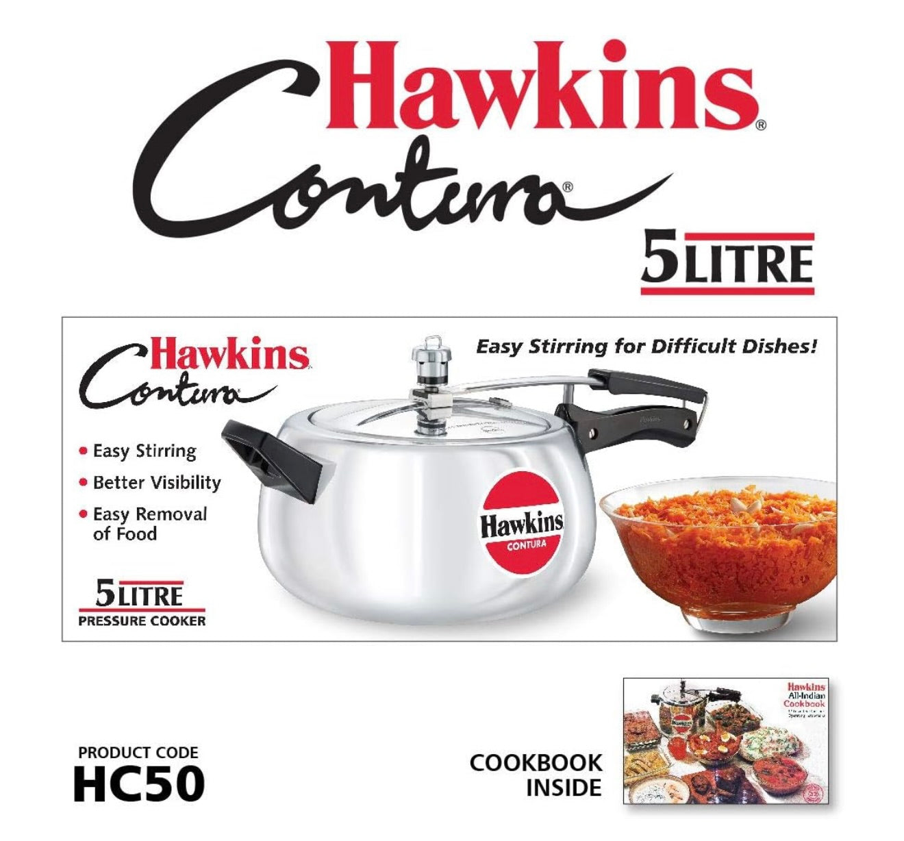 Hawkins 5 Litre Contura Pressure Cooker, Handi Inner Lid Cooker, Silver (HC50), Aluminium