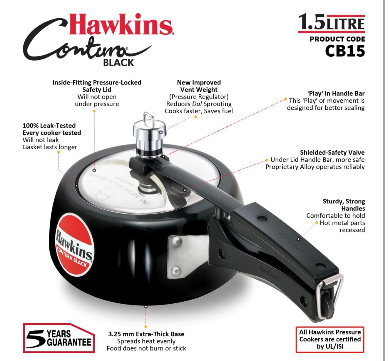 Hawkins 1.5 Litre Contura Black Pressure Cooker, Hard Anodised Inner Lid Cooker, Baby Cooker, Black(CB15)