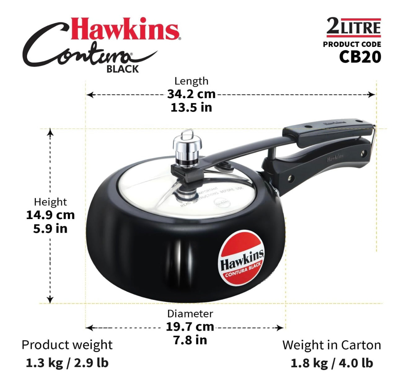 Hawkins 2 Litre Contura Black Pressure Cooker, Hard Anodised Inner Lid Cooker, Handi Cooker, Small Cooker, Black (CB20)