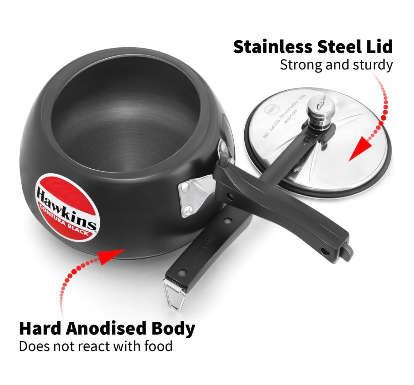 Hawkins 2 Litre Contura Black Pressure Cooker, Hard Anodised Inner Lid Cooker, Handi Cooker, Small Cooker, Black (CB20)