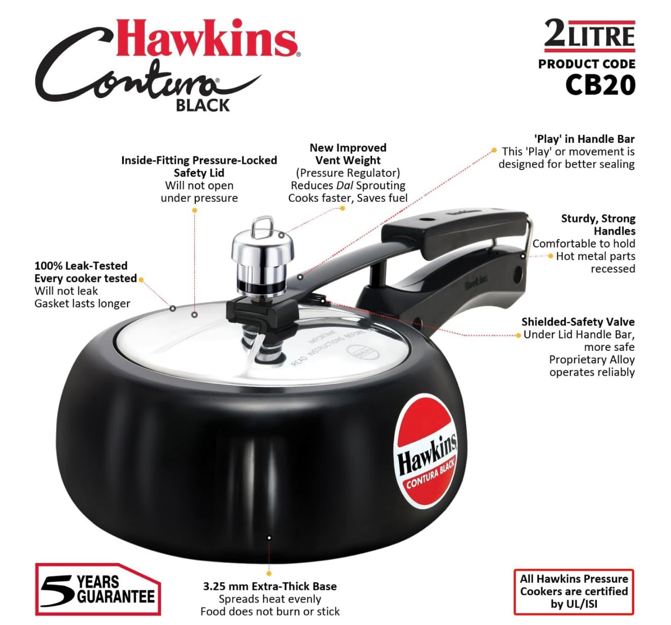 Hawkins 2 Litre Contura Black Pressure Cooker, Hard Anodised Inner Lid Cooker, Handi Cooker, Small Cooker, Black (CB20)
