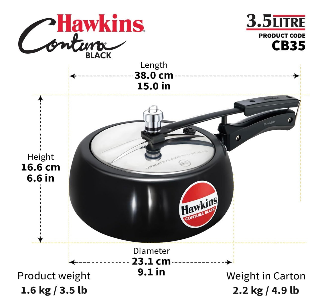 Hawkins 3.5 Litre Contura Black Pressure Cooker, Hard Anodised Inner Lid Cooker, Handi Cooker, Black (CB35)