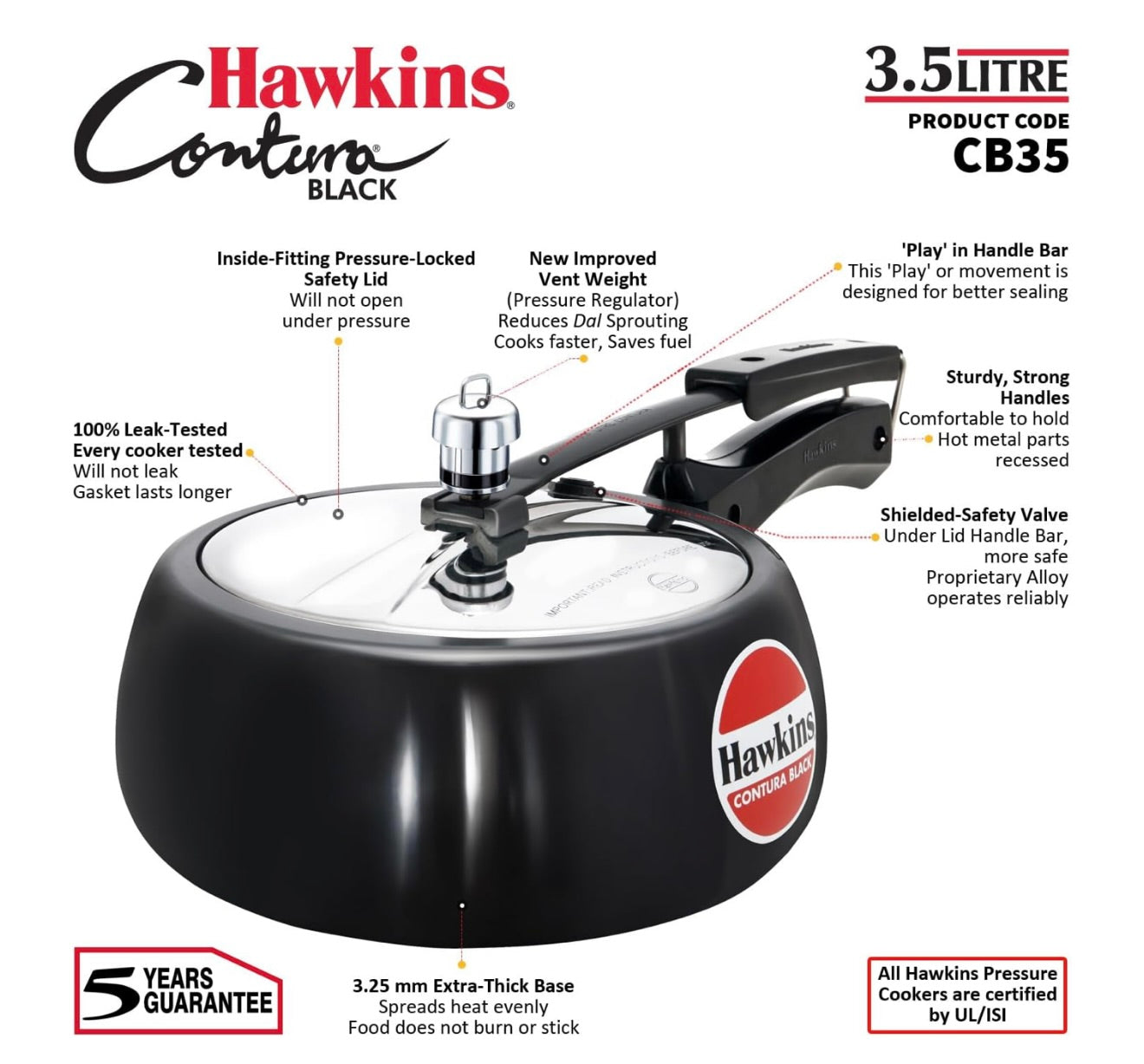 Hawkins 3.5 Litre Contura Black Pressure Cooker, Hard Anodised Inner Lid Cooker, Handi Cooker, Black (CB35)