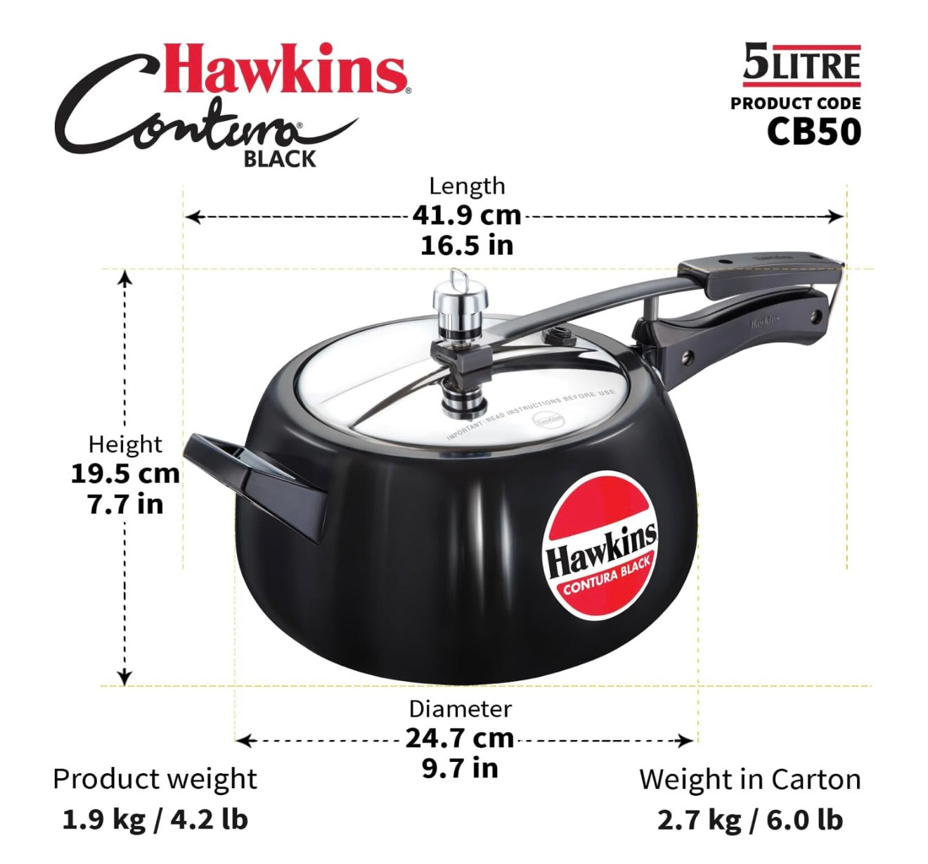 Hawkins Contura Black Pressure Cooker, 5 Litre, Black (CB50)