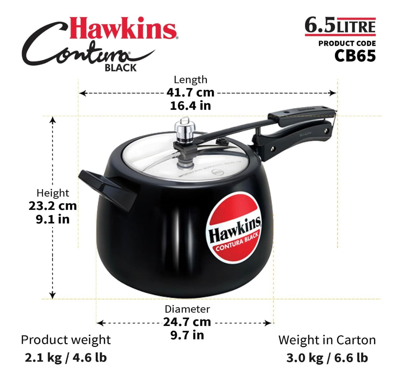 Hawkins 6.5 Litre Contura Black Pressure Cooker, Hard Anodised Inner Lid Cooker, Handi Cooker, Black (CB65) 6.5 Liter