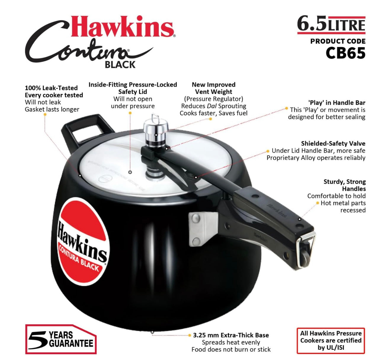 Hawkins 6.5 Litre Contura Black Pressure Cooker, Hard Anodised Inner Lid Cooker, Handi Cooker, Black (CB65) 6.5 Liter