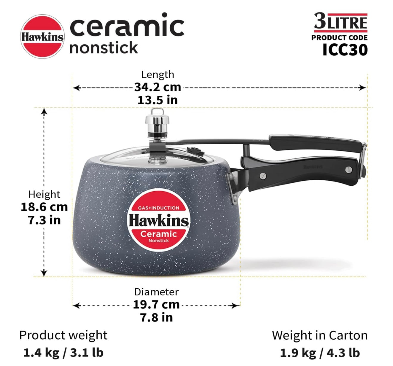 Hawkins 3 Litre Ceramic Nonstick Pressure Cooker, Induction Inner Lid Cooker, Granite Contura shaped Cooker, Best Cooker, Blue (ICC30)