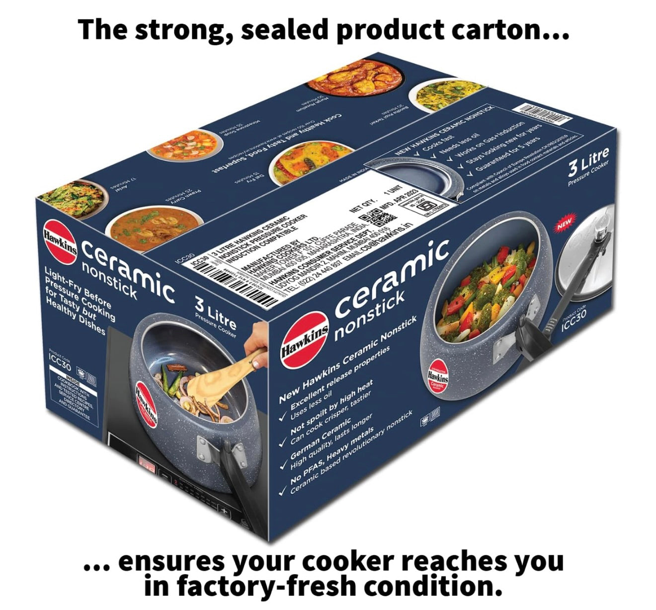 Hawkins 3 Litre Ceramic Nonstick Pressure Cooker, Induction Inner Lid Cooker, Granite Contura shaped Cooker, Best Cooker, Blue (ICC30)