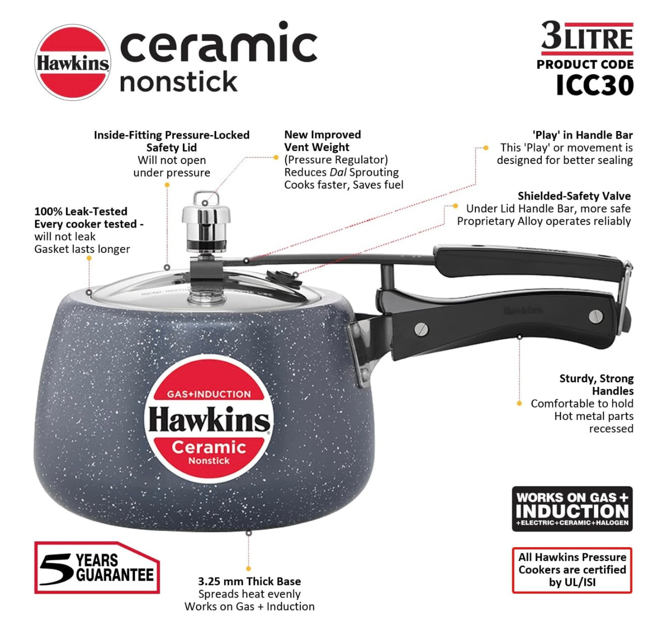 Hawkins 3 Litre Ceramic Nonstick Pressure Cooker, Induction Inner Lid Cooker, Granite Contura shaped Cooker, Best Cooker, Blue (ICC30)