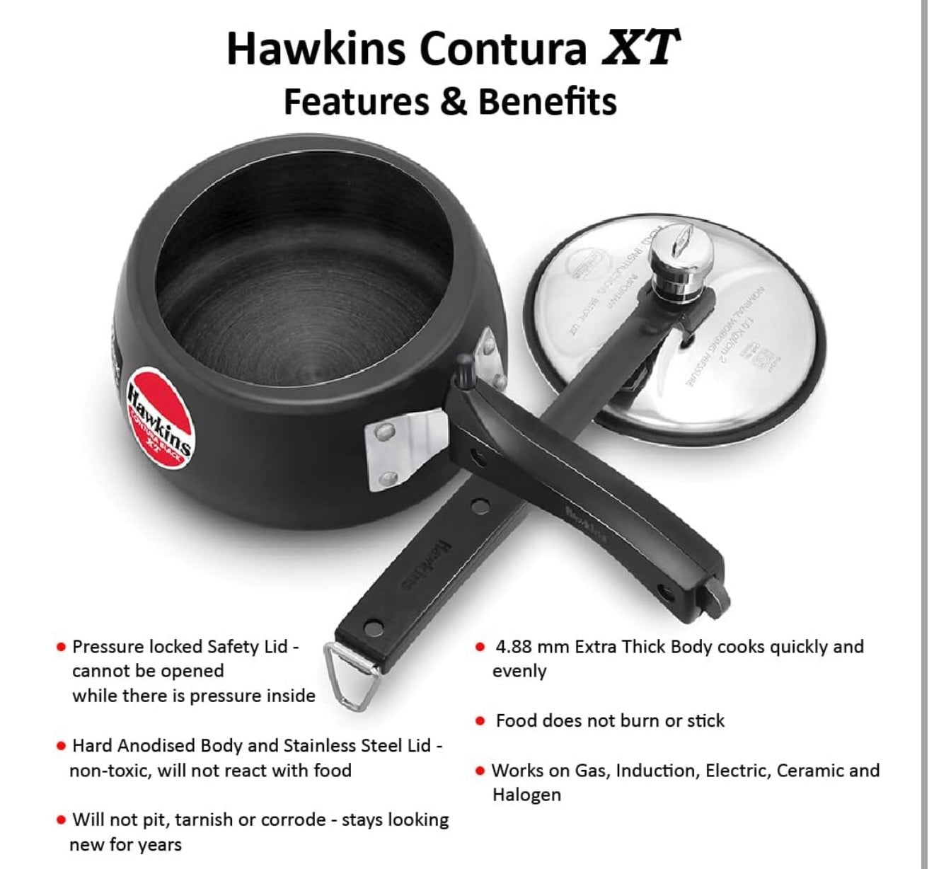 Hawkins 1.5 Litre Contura Black XT Pressure Cooker, Hard Anodised Inner Lid Baby Cooker, Small Induction Cooker, Extra Thick Handi Cooker, Black (CXT15