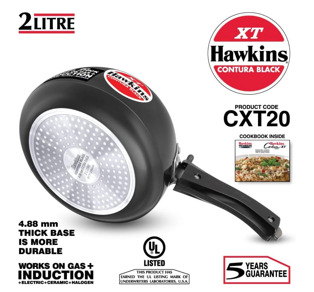 Hawkins 2 Litre Contura Black XT Pressure Cooker, Hard Anodised Inner Lid Cooker, Small Induction Cooker, Handi Cooker, Black (CXT20)
