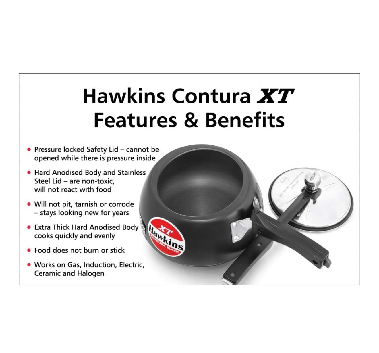 Hawkins 2 Litre Contura Black XT Pressure Cooker, Hard Anodised Inner Lid Cooker, Small Induction Cooker, Handi Cooker, Black (CXT20)