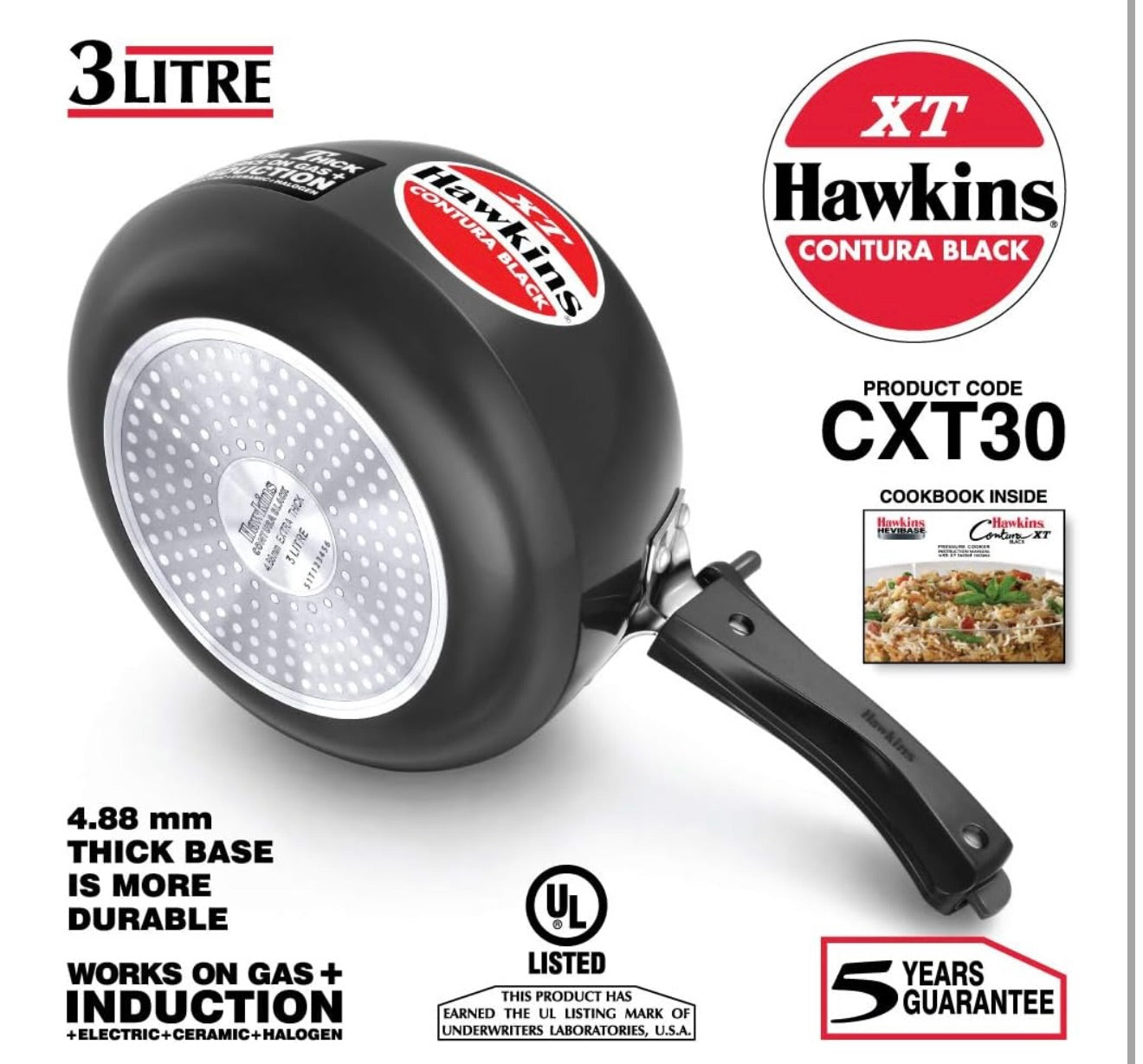 Hawkins Contura Black XT Induction Compatible Aluminium Inner Lid Pressure Cooker, 3 Litre, Black (CXT30)