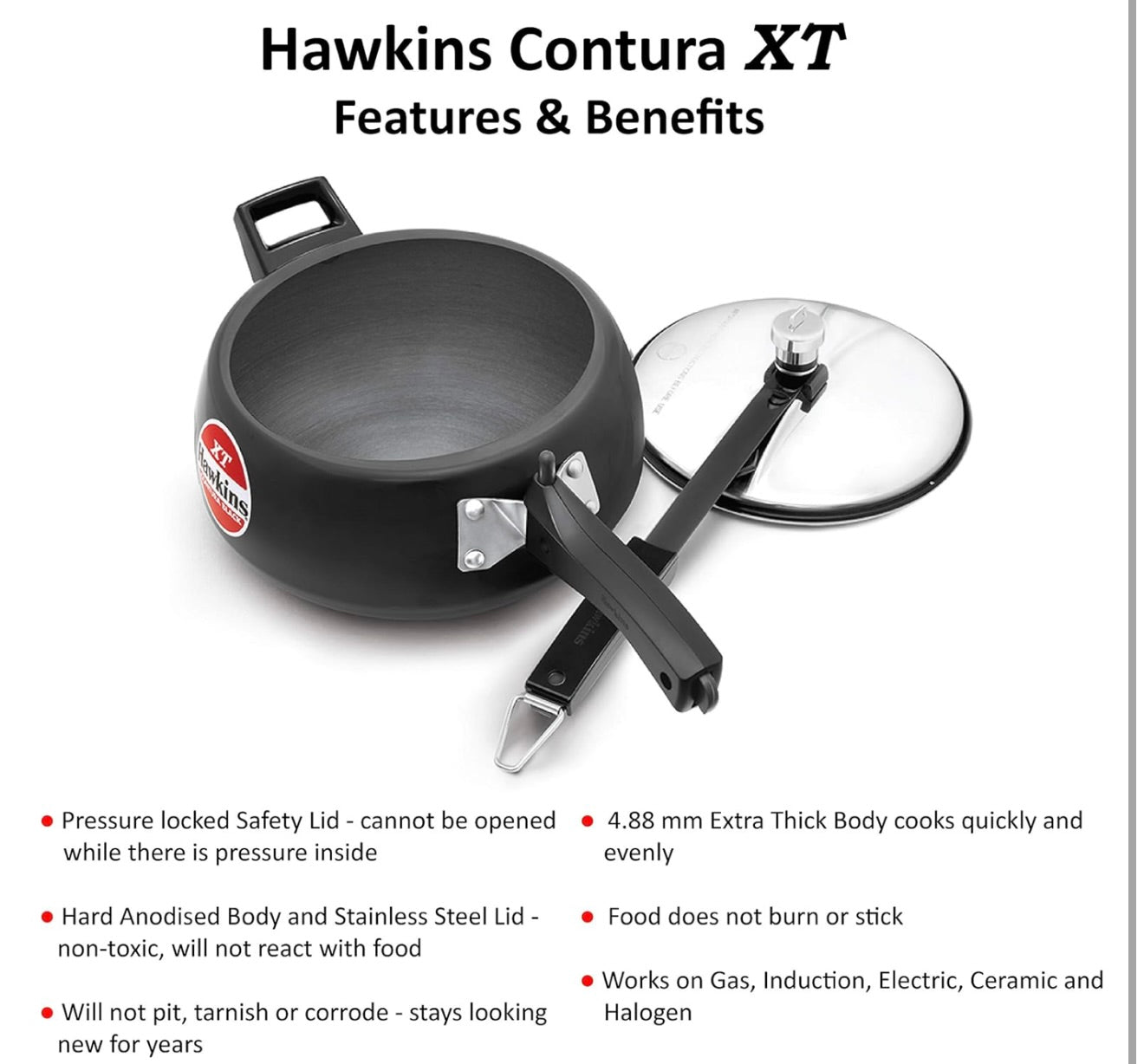 Hawkins Pressure Cooker Contura Hard Anodized Extra Thick Base for Induction, 3.5 L (Black)