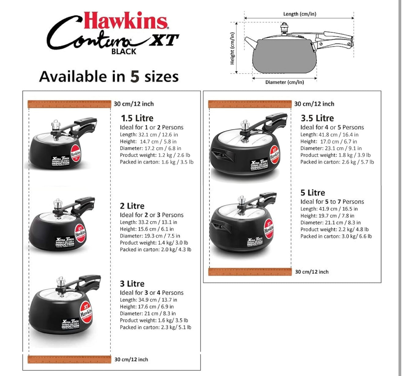 Hawkins Pressure Cooker Contura Hard Anodized Extra Thick Base for Induction, 3.5 L (Black)