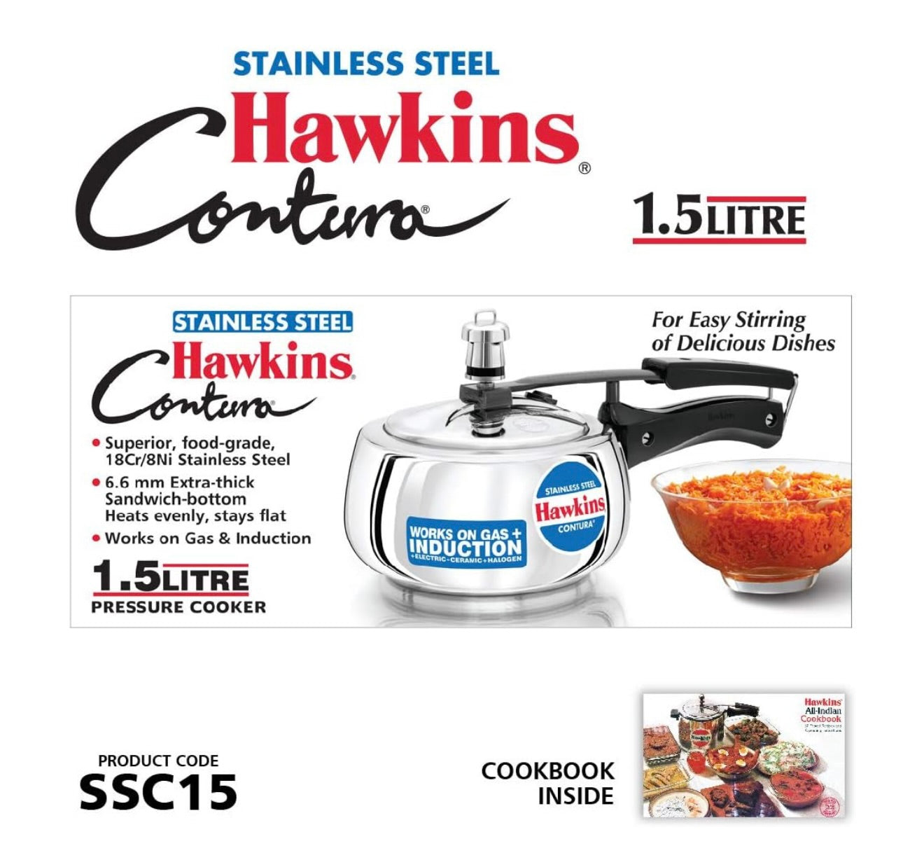 Hawkins 1.5 Litre Stainless Steel Contura Pressure Cooker, Inner Lid Induction Baby Cooker, Silver (SSC15)