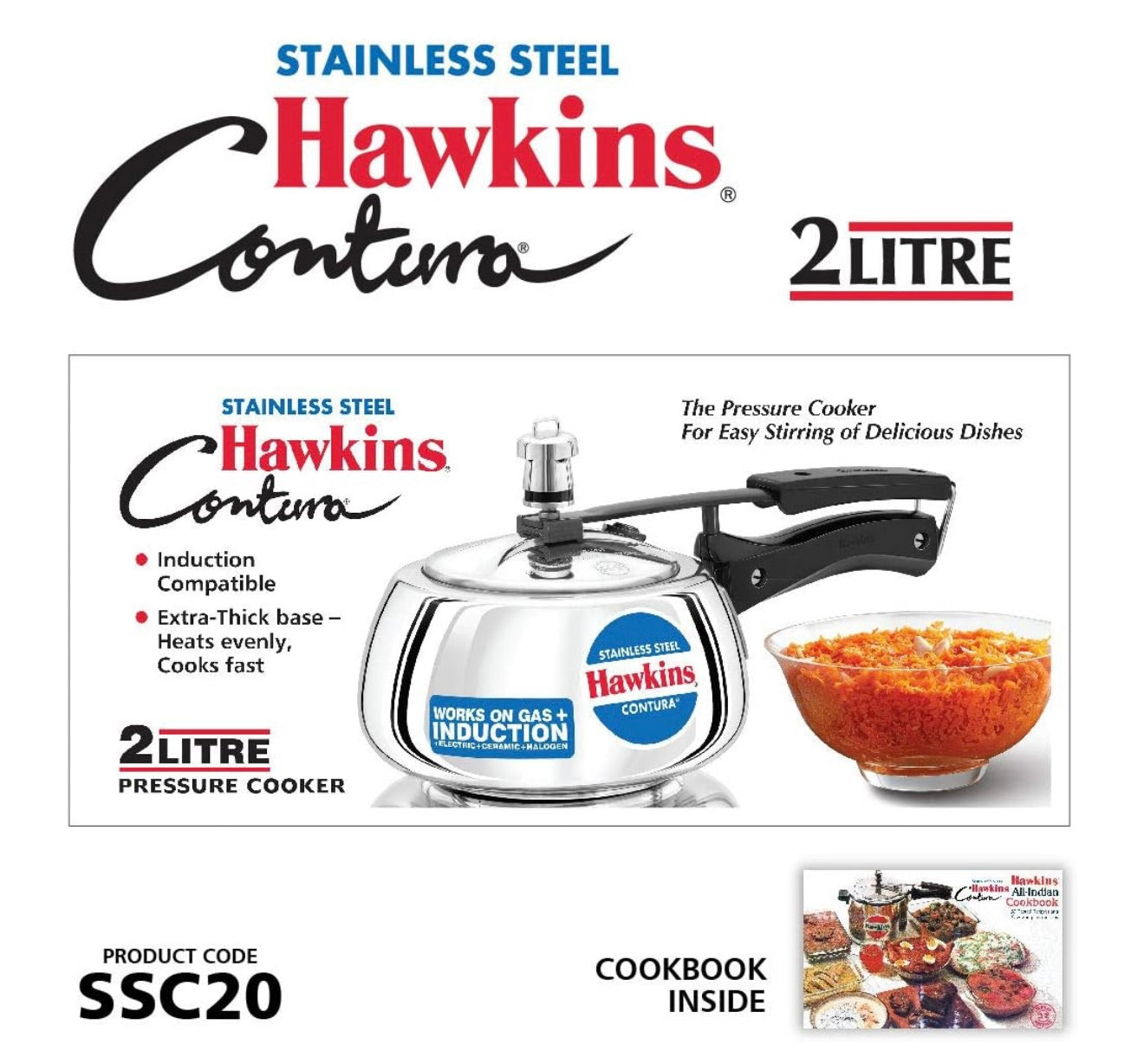 Hawkins 2 Litre Contura Pressure Cooker, Stainless Steel Inner Lid Cooker, Handi Cooker, Induction Cooker, Small Cooker, Silver (SSC20)