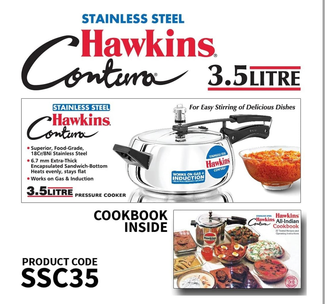 Hawkins 3.5 Litre Contura Pressure Cooker, Stainless Steel Inner Lid Cooker, Handi Cooker, Induction Cooker, Silver (SSC35)