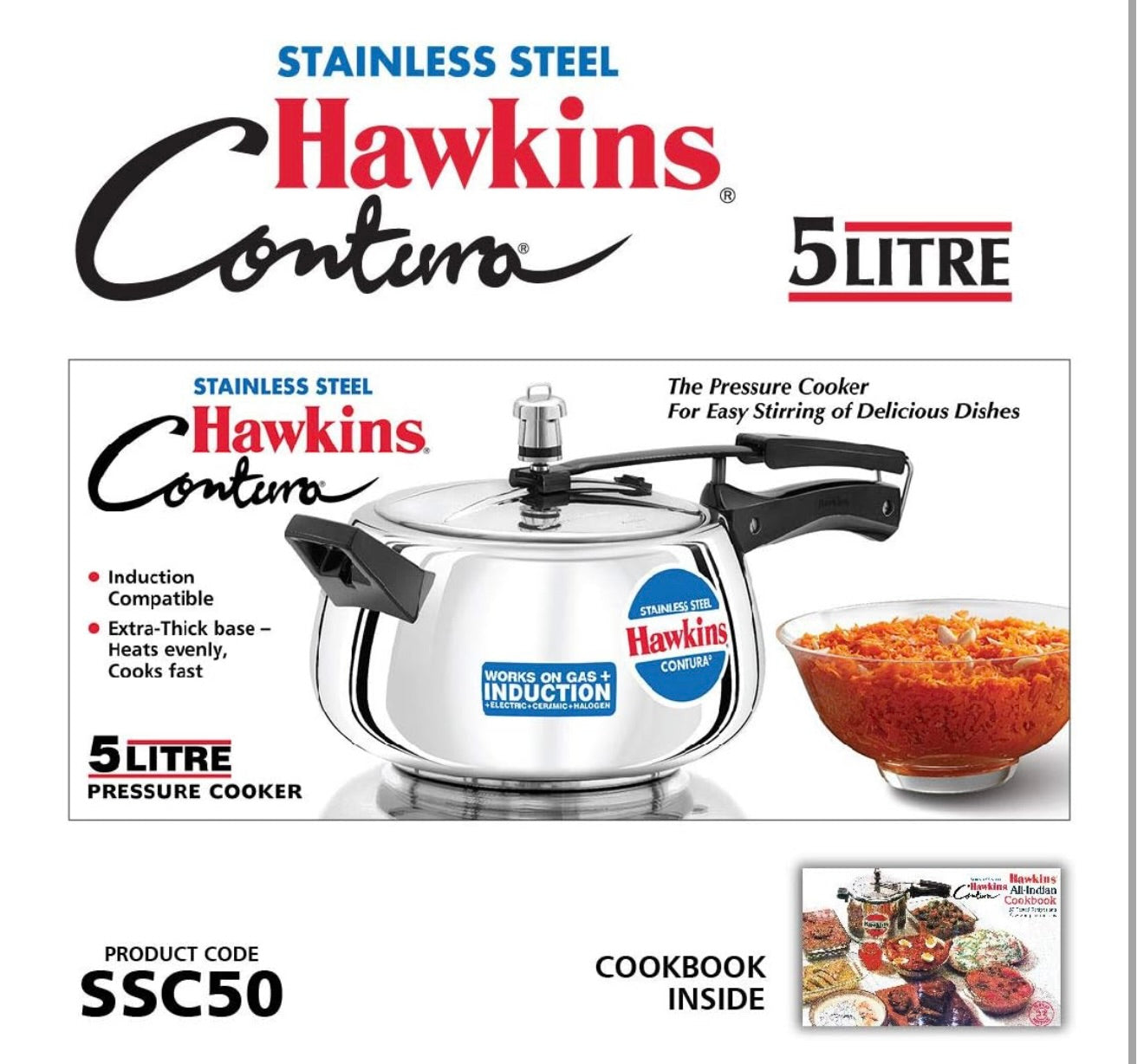 Hawkins 5 Litre Contura Pressure Cooker, Stainless Steel Inner Lid Cooker, Handi Cooker, Induction Cooker, Silver (SSC50)