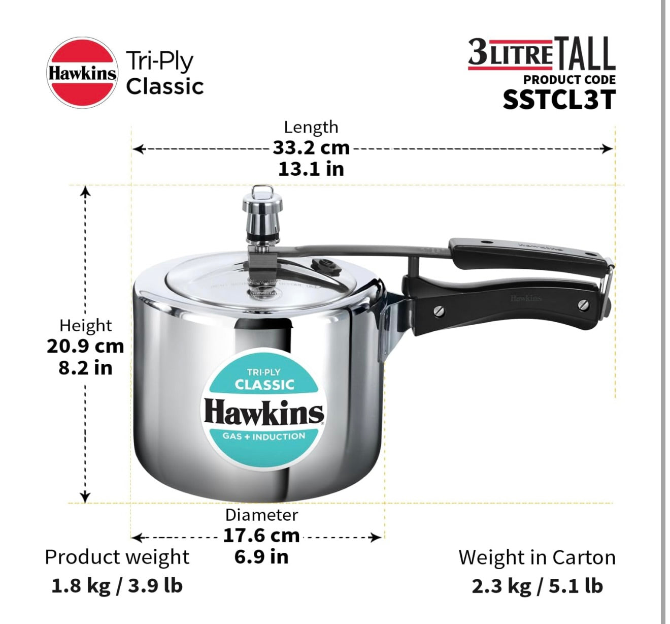 Hawkins Triply 3 Litre Classic Pressure Cooker, Triply Stainless Steel Induction Inner Lid Cooker, Tall Design Cooker, Best Cooker, Silver (SSTCL3T)