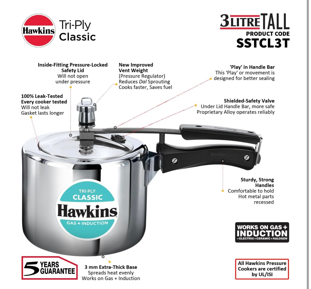 Hawkins Triply 3 Litre Classic Pressure Cooker, Triply Stainless Steel Induction Inner Lid Cooker, Tall Design Cooker, Best Cooker, Silver (SSTCL3T)