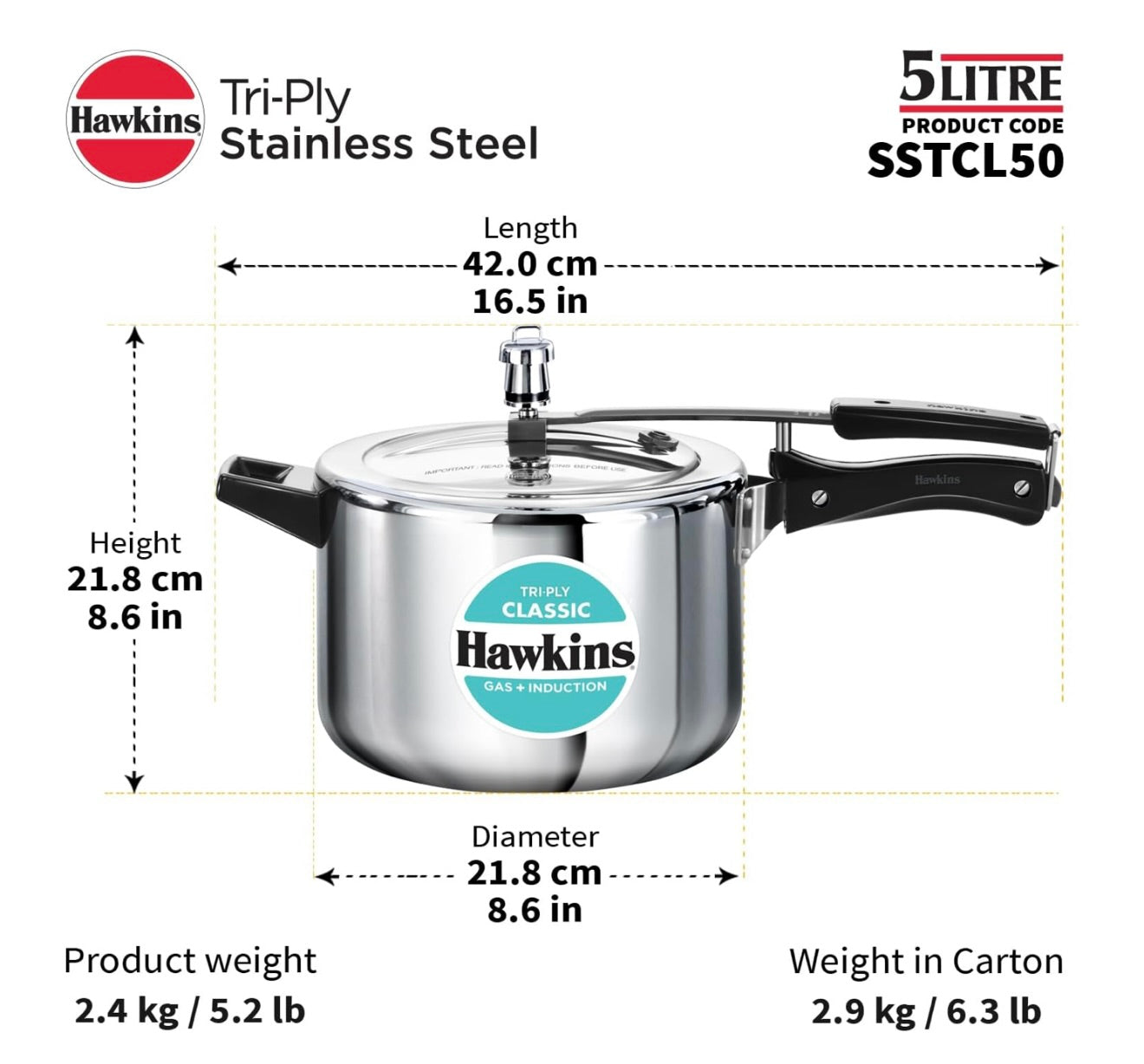 Hawkins Classic 5 Litre Tri-Ply Pressure Cooker, Triply Stainless Steel Inner Lid Cooker, Silver (SSTCL50)