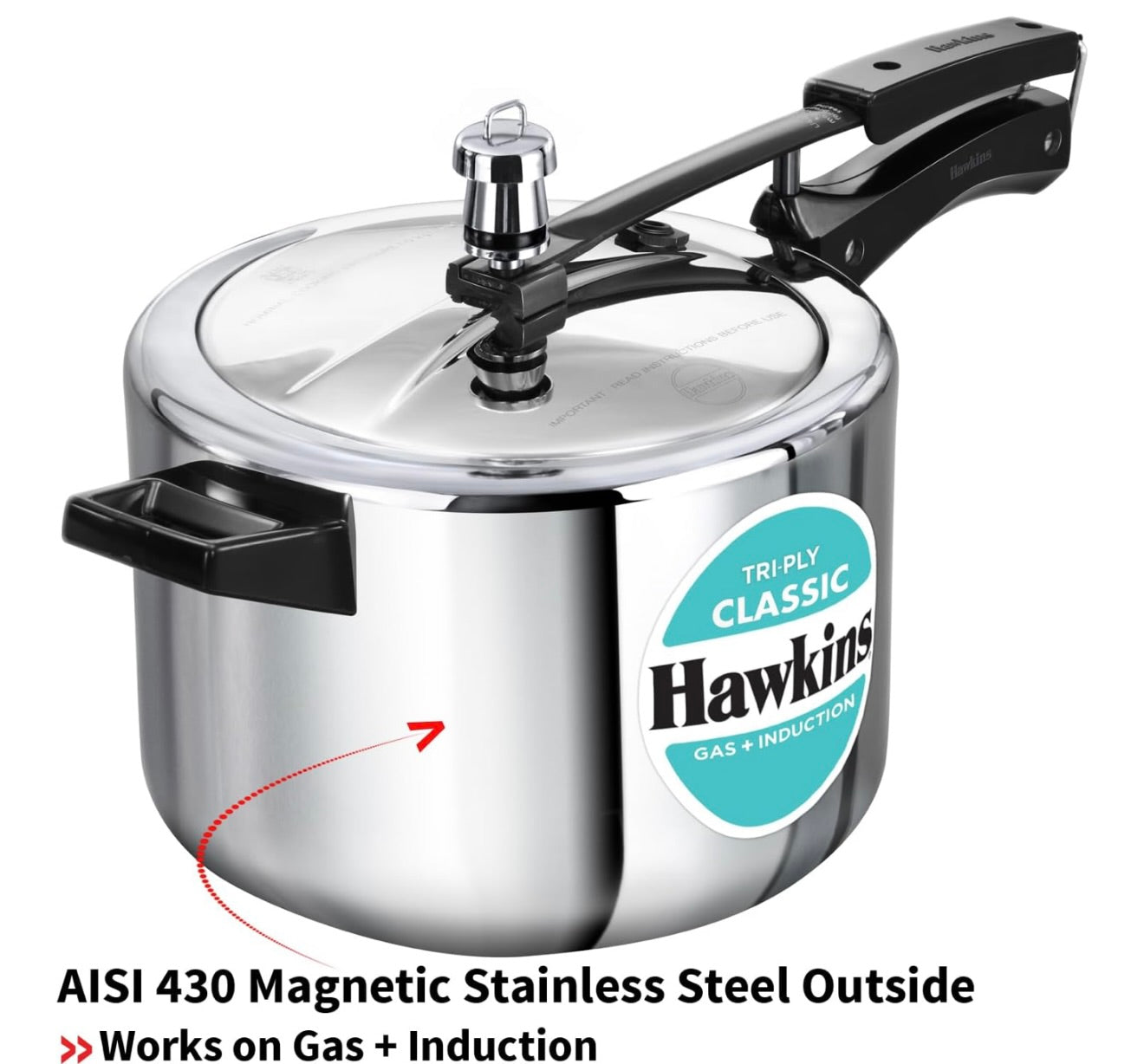 Hawkins Classic 5 Litre Tri-Ply Pressure Cooker, Triply Stainless Steel Inner Lid Cooker, Silver (SSTCL50)