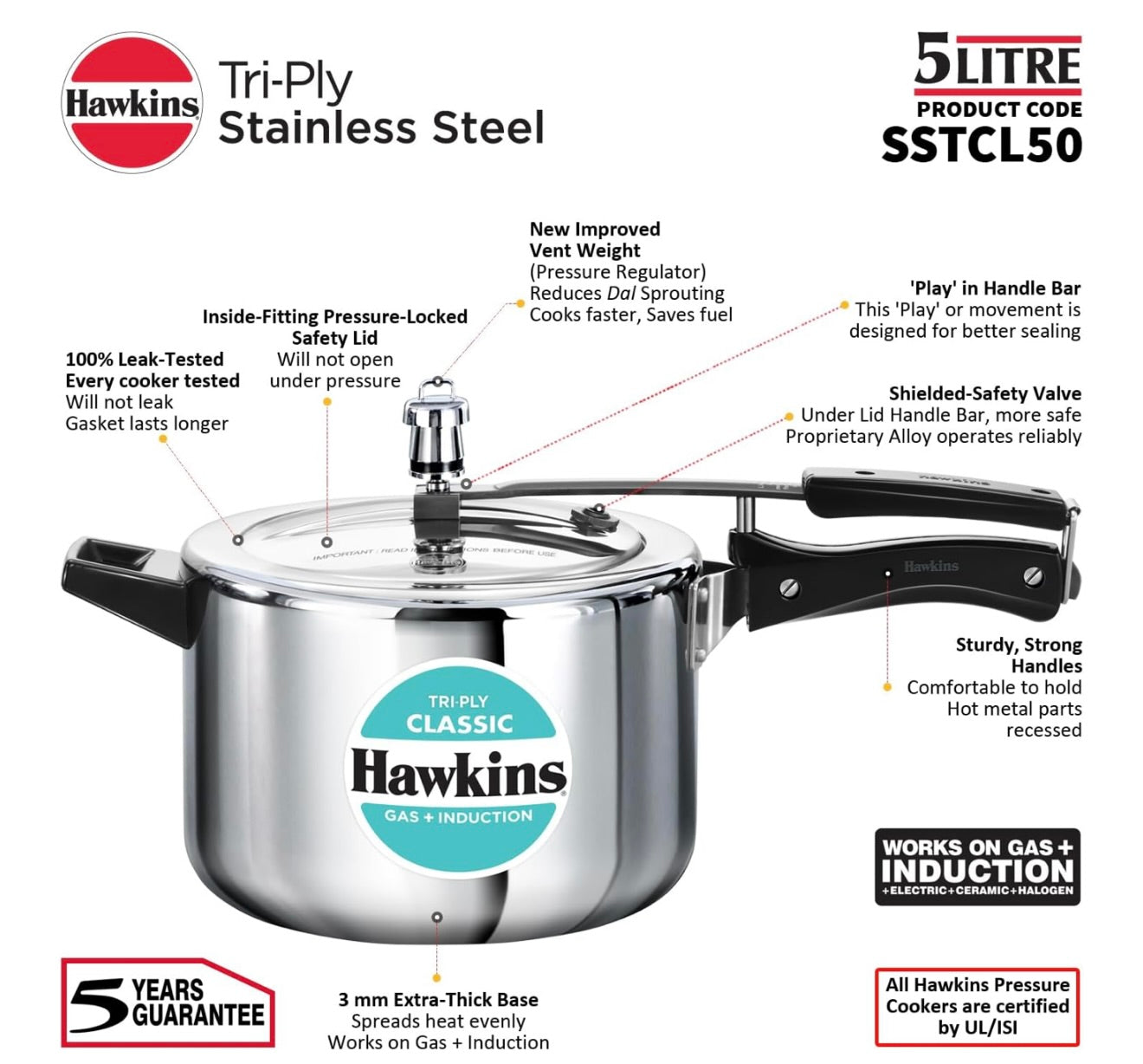 Hawkins Classic 5 Litre Tri-Ply Pressure Cooker, Triply Stainless Steel Inner Lid Cooker, Silver (SSTCL50)