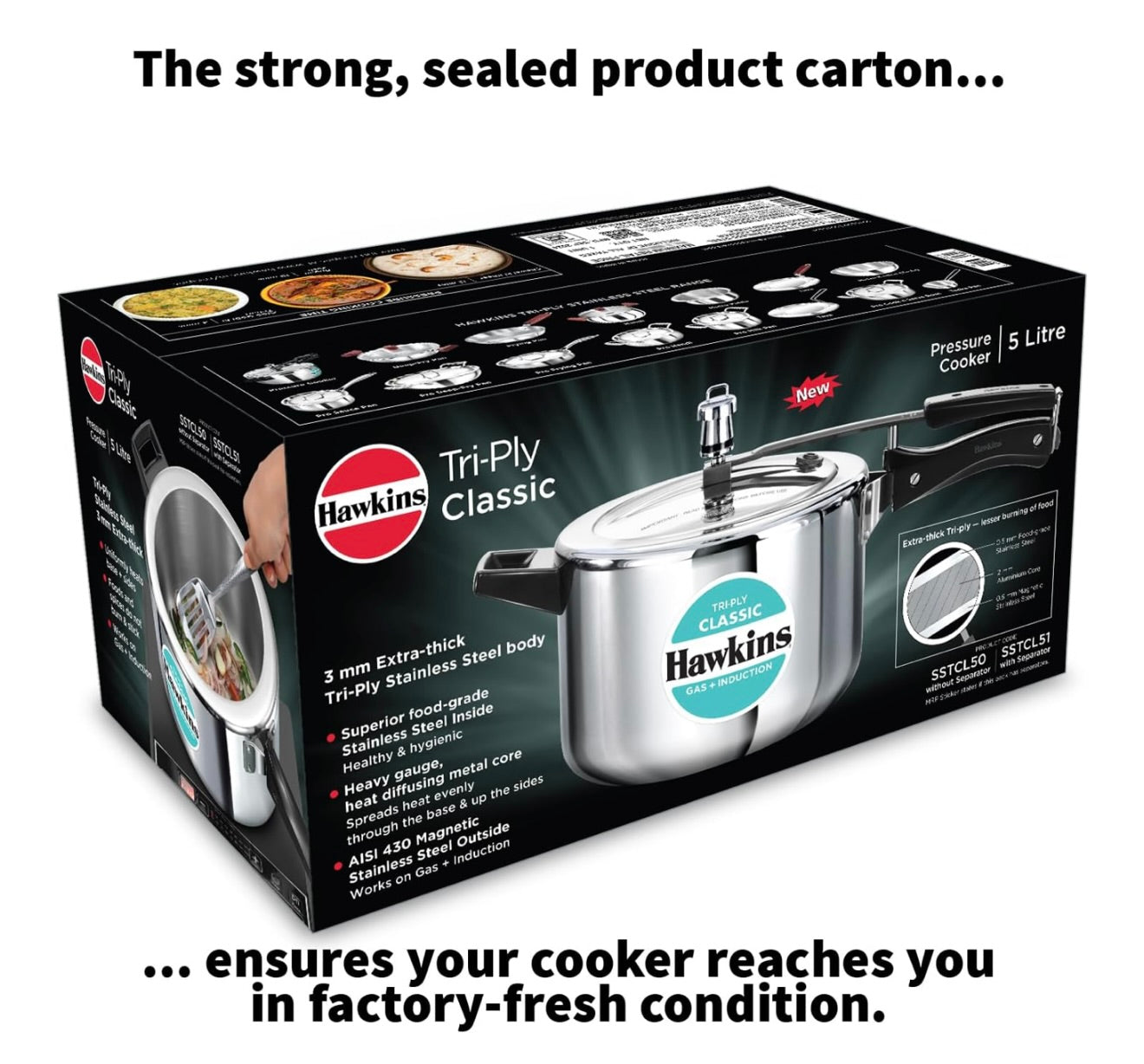 Hawkins Classic 5 Litre Tri-Ply Pressure Cooker, Triply Stainless Steel Inner Lid Cooker, Silver (SSTCL50)