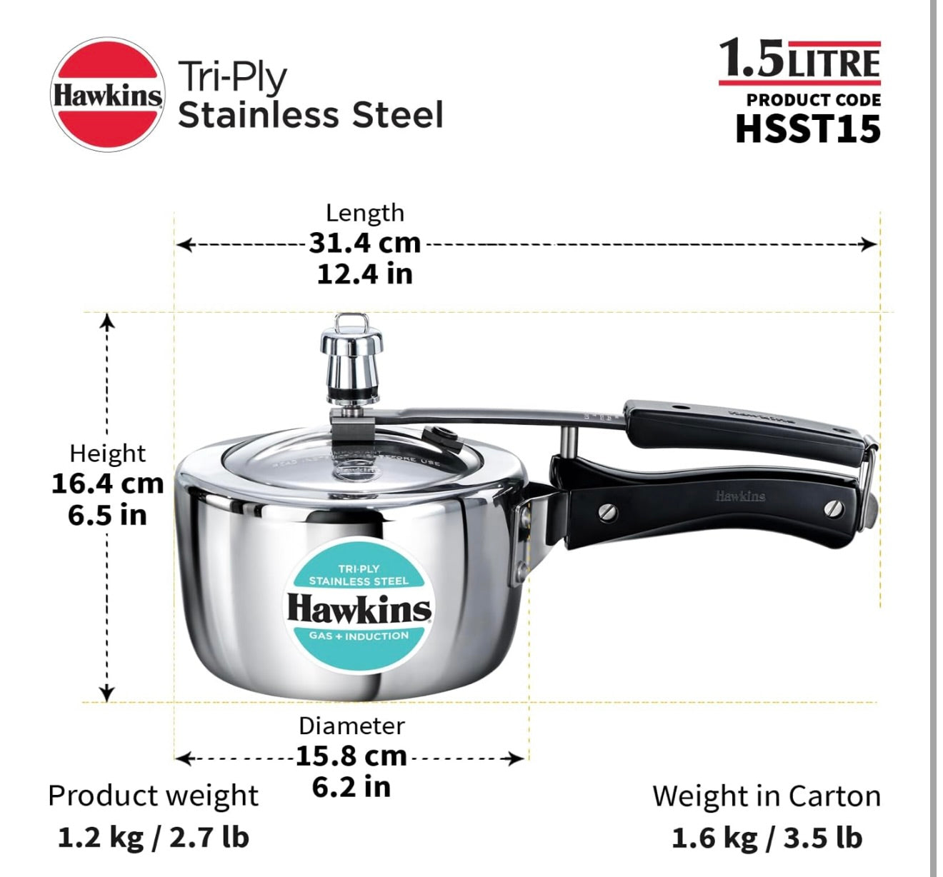 Hawkins 1.5 Litre Triply Stainless Steel Pressure Cooker, Inner Lid Induction Baby Cooker, Silver (HSST15)