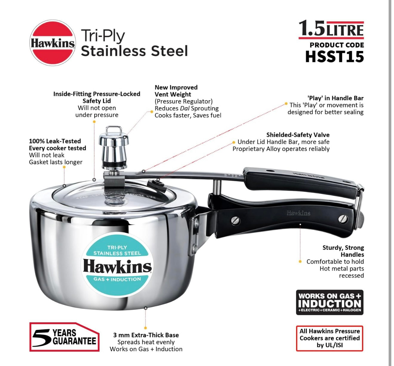 Hawkins 1.5 Litre Triply Stainless Steel Pressure Cooker, Inner Lid Induction Baby Cooker, Silver (HSST15)