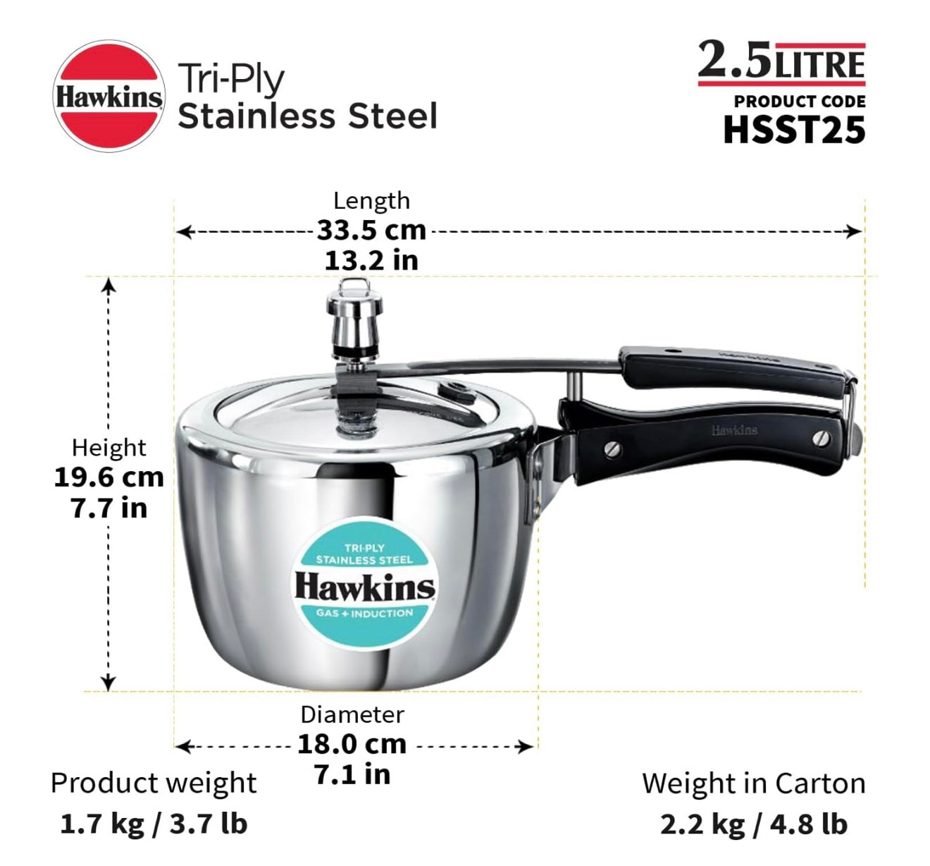 Hawkins 2.5 Litre Triply Stainless Steel Pressure Cooker, Inner Lid Cooker, Silver (HSST25)
