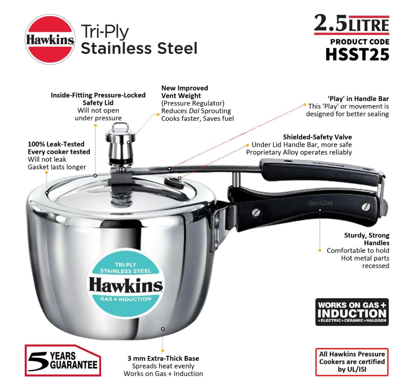 Hawkins 2.5 Litre Triply Stainless Steel Pressure Cooker, Inner Lid Cooker, Silver (HSST25)