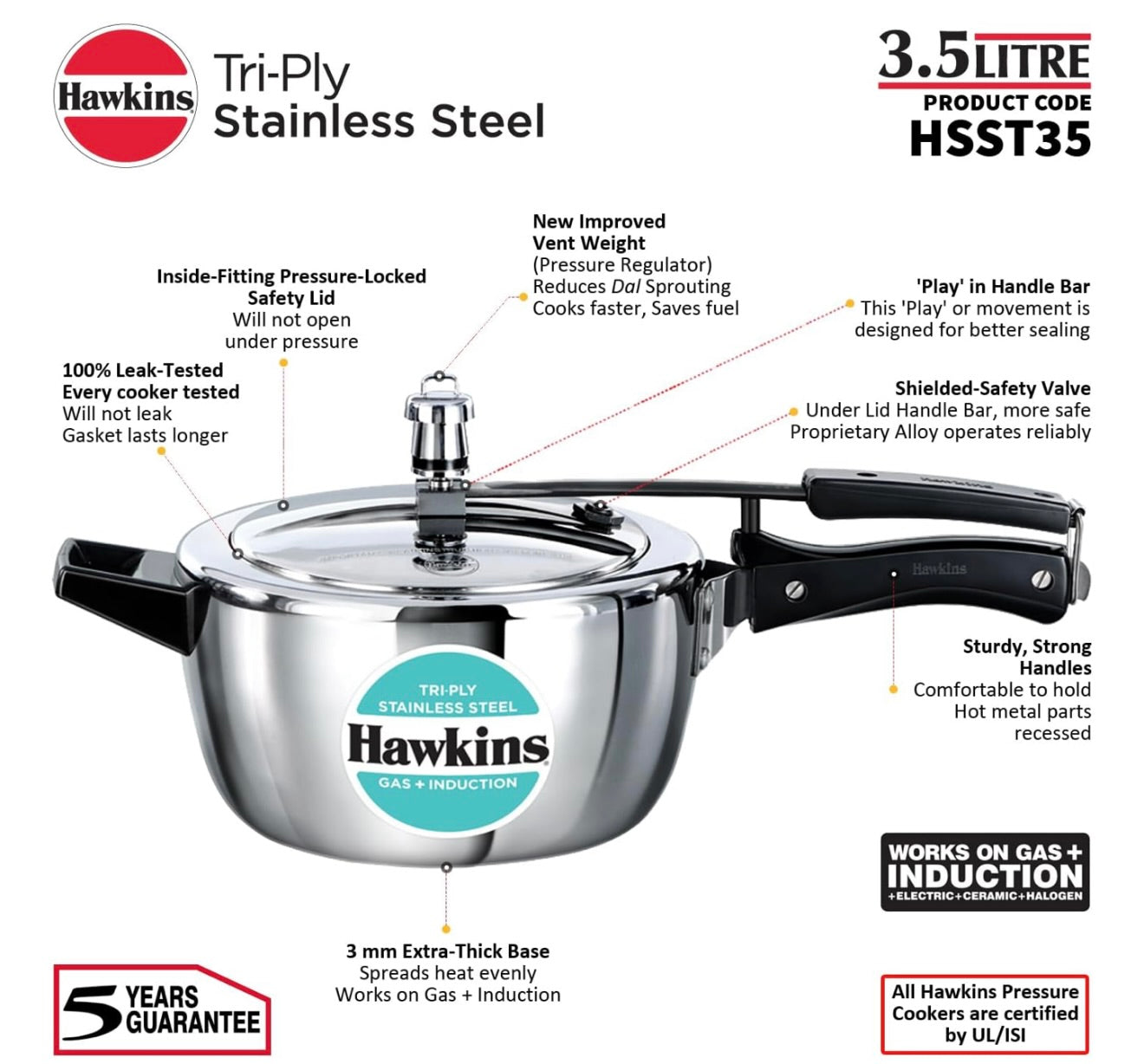 Hawkins 3.5 Litre Triply Stainless Steel Pressure Cooker, Inner Lid Cooker, Silver (HSST35)