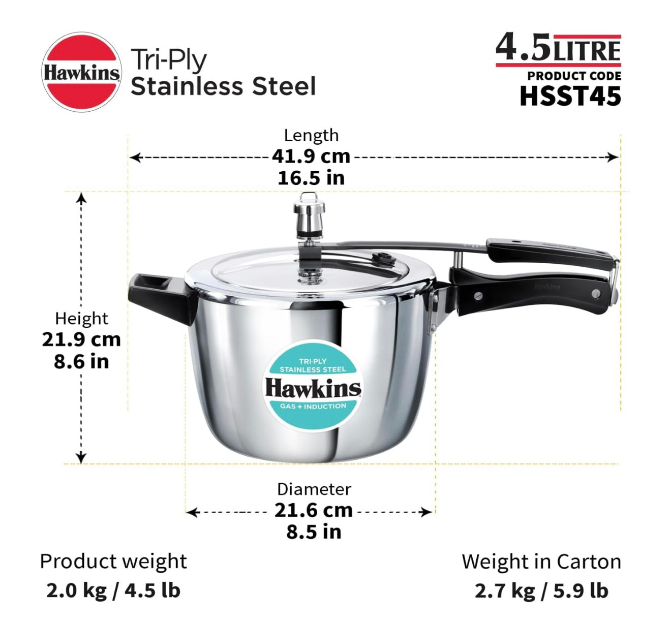 Hawkins 4.5 Litre Triply Stainless Steel Pressure Cooker, Inner Lid Cooker, Silver (HSST45)