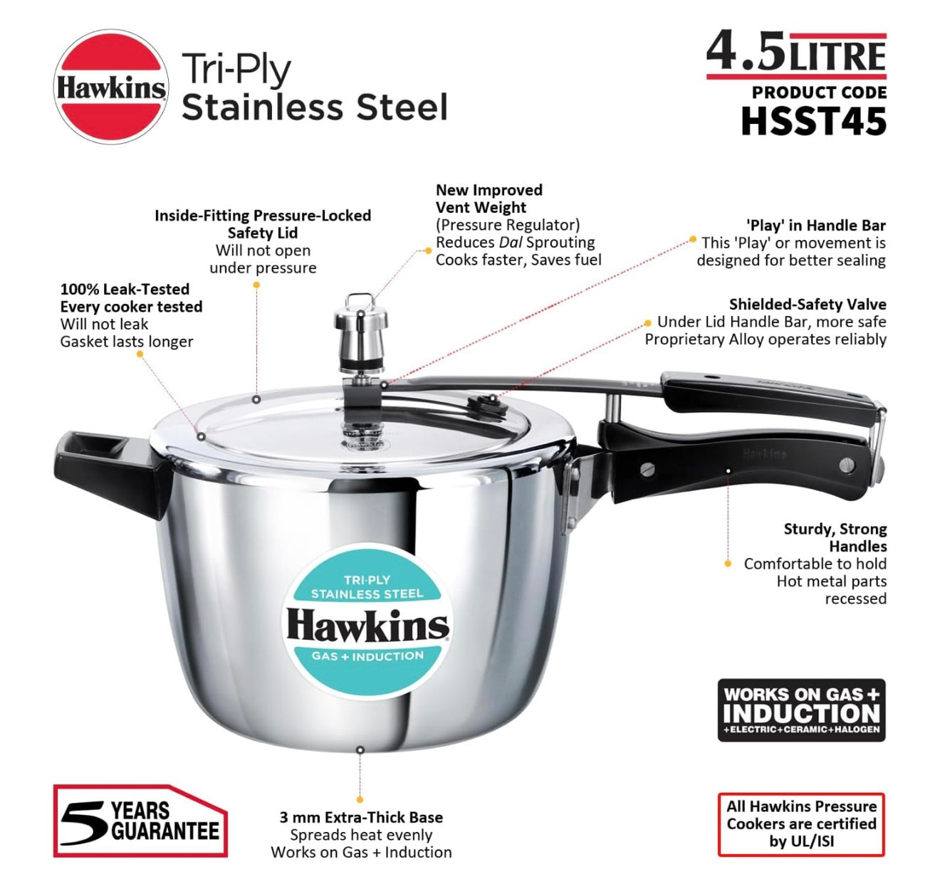 Hawkins 4.5 Litre Triply Stainless Steel Pressure Cooker, Inner Lid Cooker, Silver (HSST45)