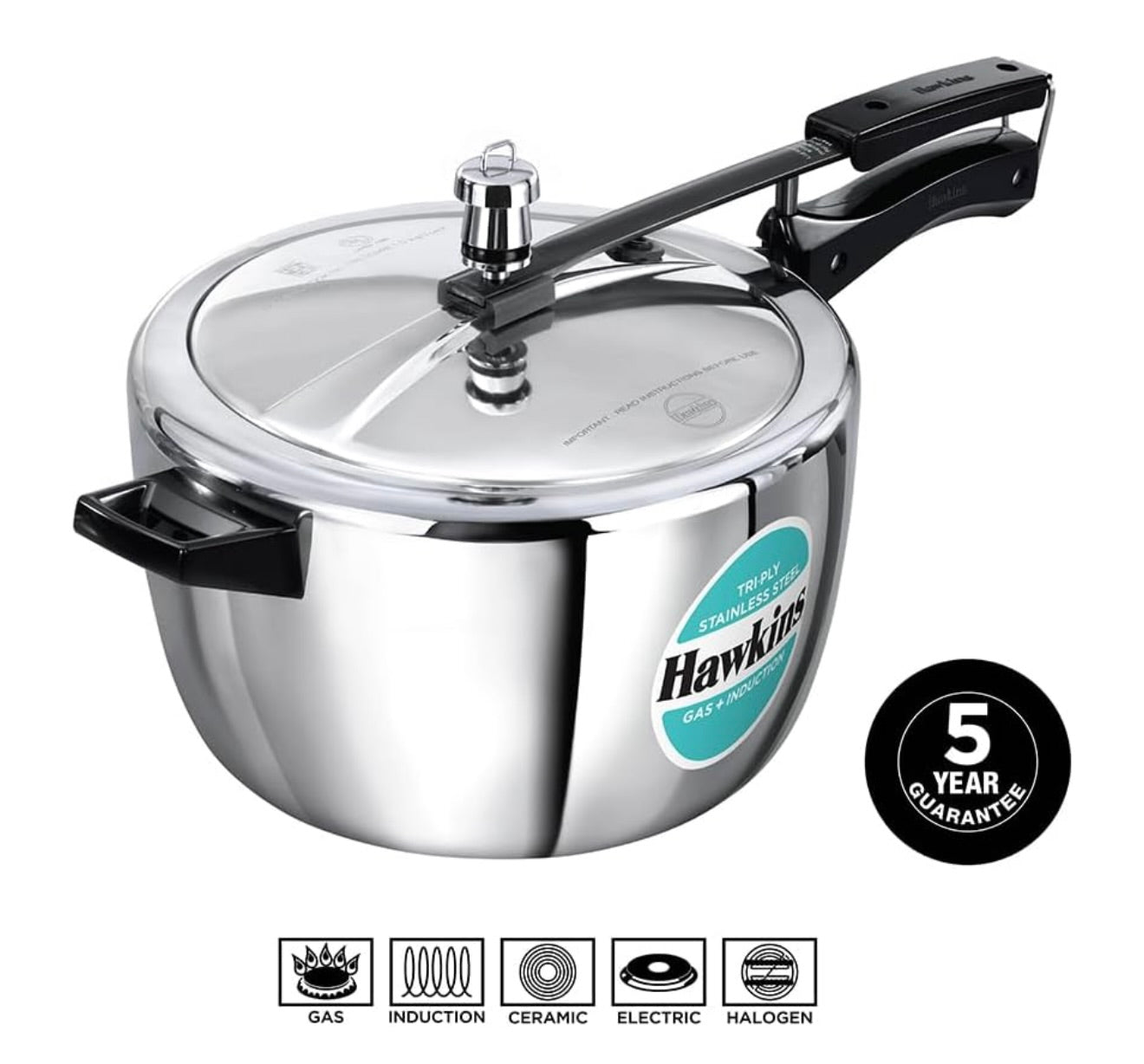 Hawkins 5 Litre Triply Contura Pressure Cooker, Triply Stainless Steel Induction Cooker, Contura shaped Cooker, Best Cooker, Silver (SSTCO50)