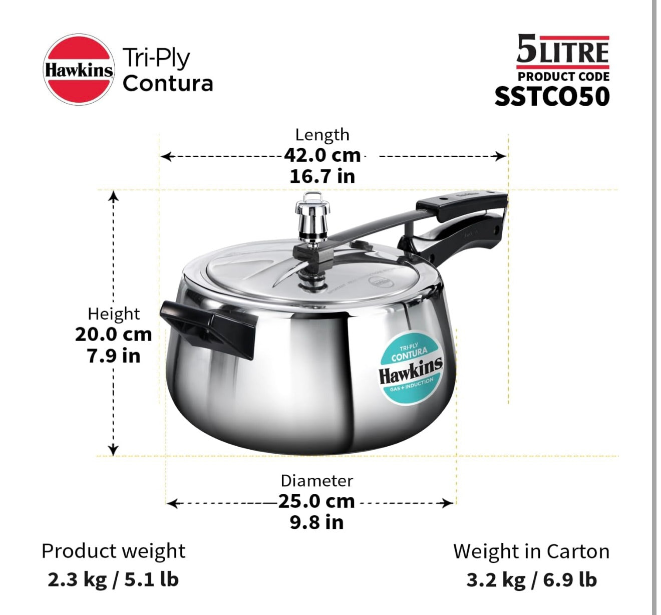Hawkins 5 Litre Triply Contura Pressure Cooker, Triply Stainless Steel Induction Cooker, Contura shaped Cooker, Best Cooker, Silver (SSTCO50)