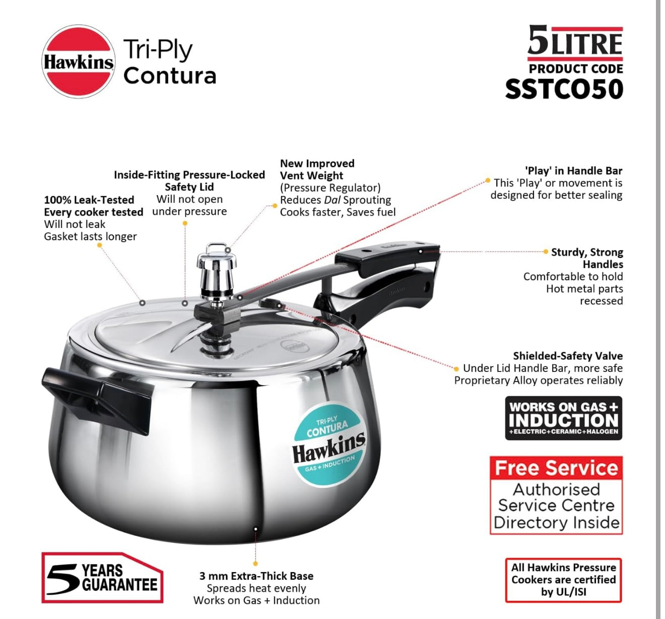 Hawkins 5 Litre Triply Contura Pressure Cooker, Triply Stainless Steel Induction Cooker, Contura shaped Cooker, Best Cooker, Silver (SSTCO50)