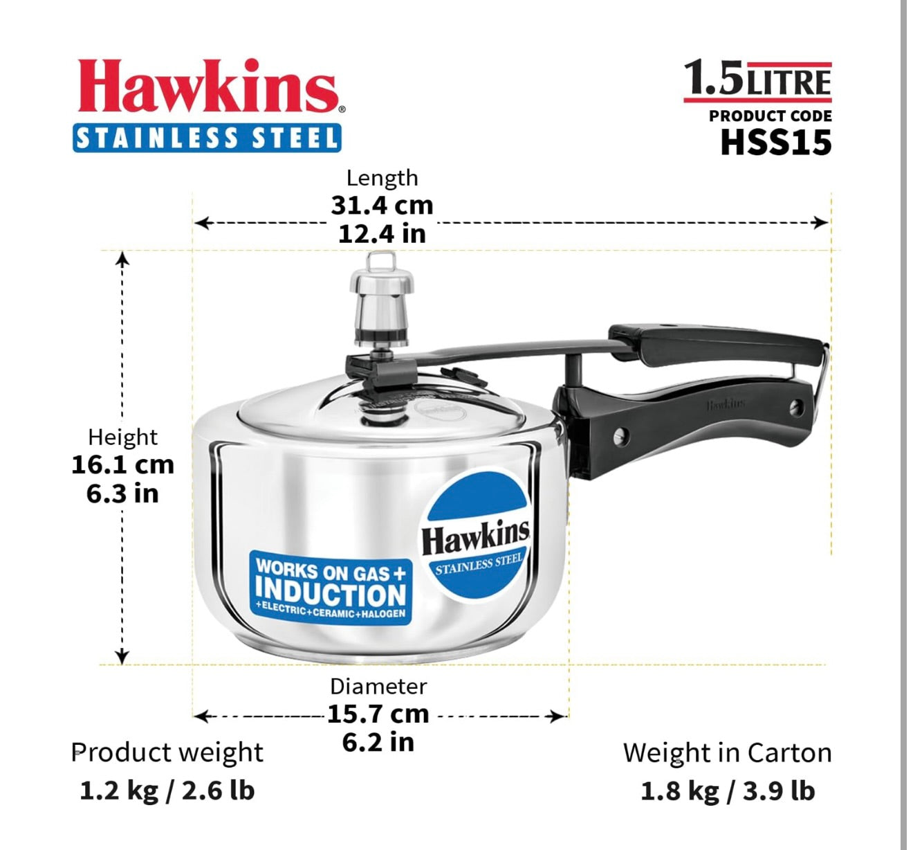 Hawkins 1.5 Litre Pressure Cooker, Stainless Steel Inner Lid Cooker, Induction Cooker, Baby Cooker, Silver (HSS15)