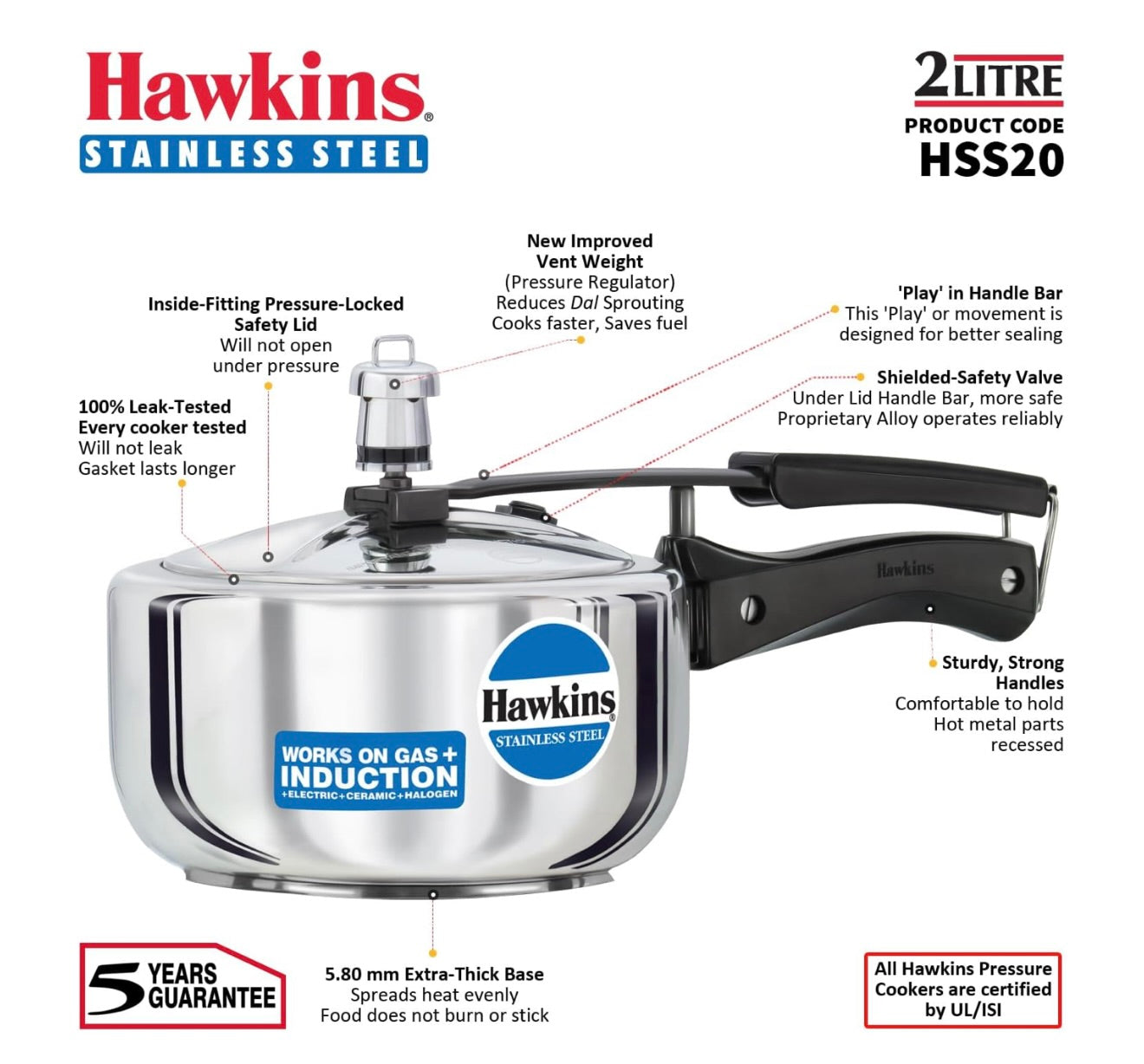 Hawkins 2 Litre Pressure Cooker, Stainless Steel Inner Lid Cooker, Induction Cooker, Small Cooker, Silver (HSS20)