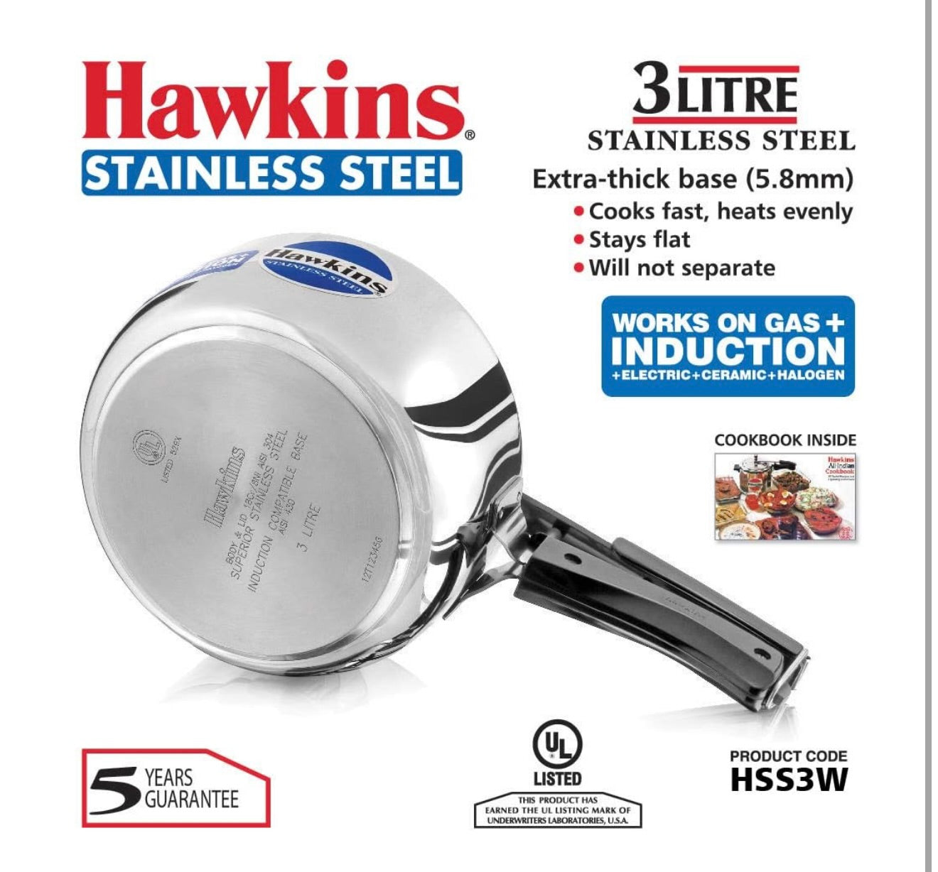 Hawkins 3 Litre Inner Lid Pressure Cooker, Stainless Steel Cooker, Wide Design Pan Cooker, Induction Cooker, Silver (HSS3W)