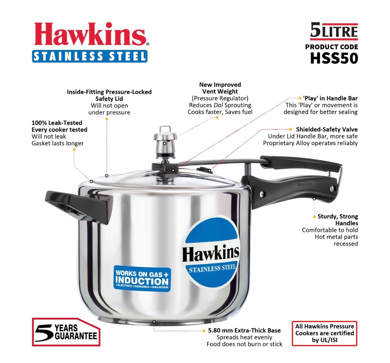Hawkins 5 Litre Pressure Cooker, Stainless Steel Inner Lid Cooker, Induction Cooker, Silver (HSS50)