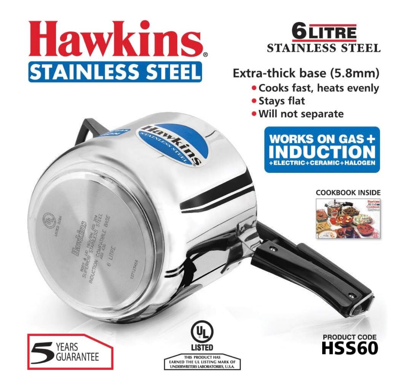 Hawkins 6 Litre Inner Lid Pressure Cooker, Stainless Steel Cooker, Induction Cooker, Silver (HSS60), 6 Liter