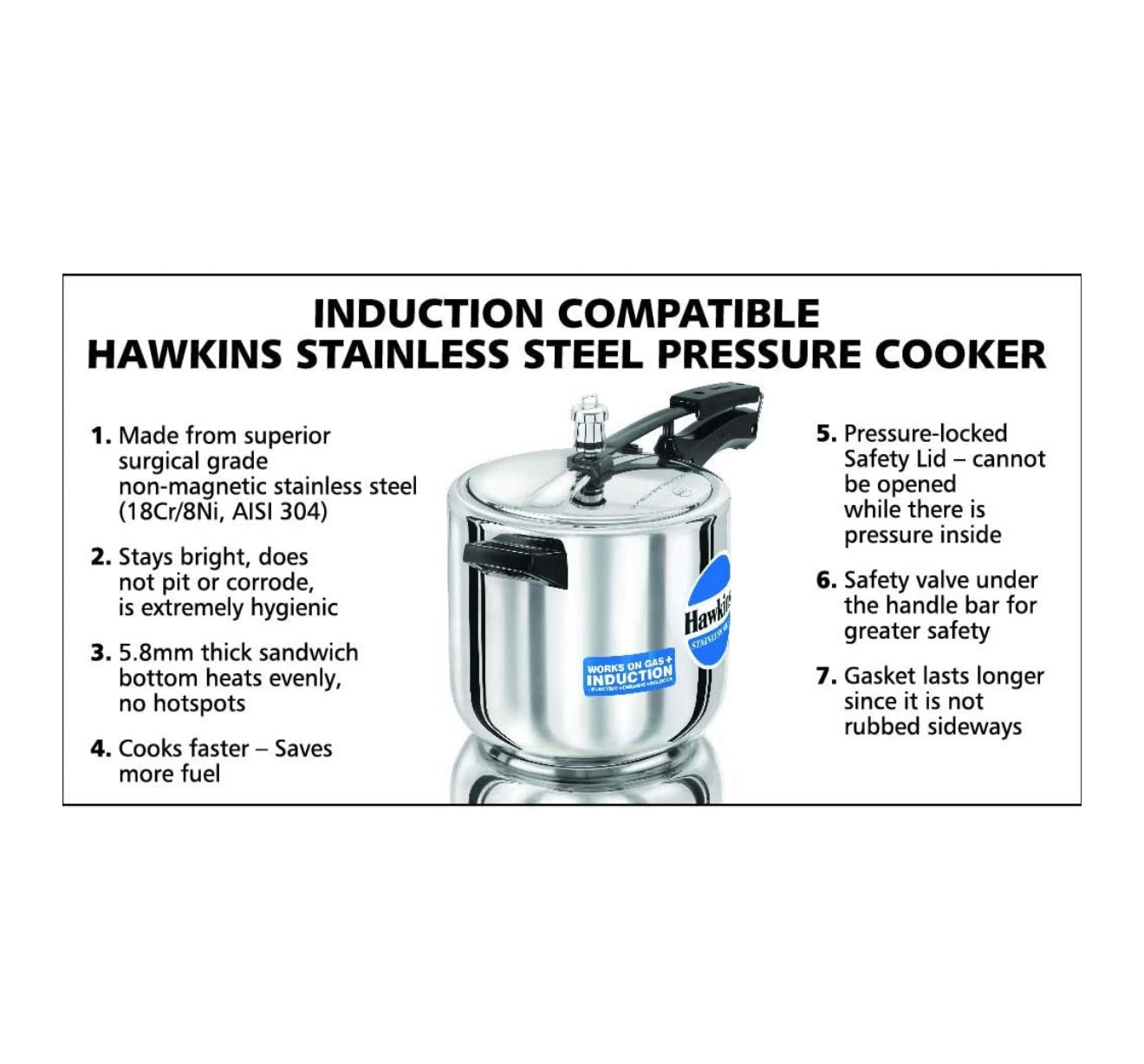 Hawkins 6 Litre Inner Lid Pressure Cooker, Stainless Steel Cooker, Induction Cooker, Silver (HSS60), 6 Liter