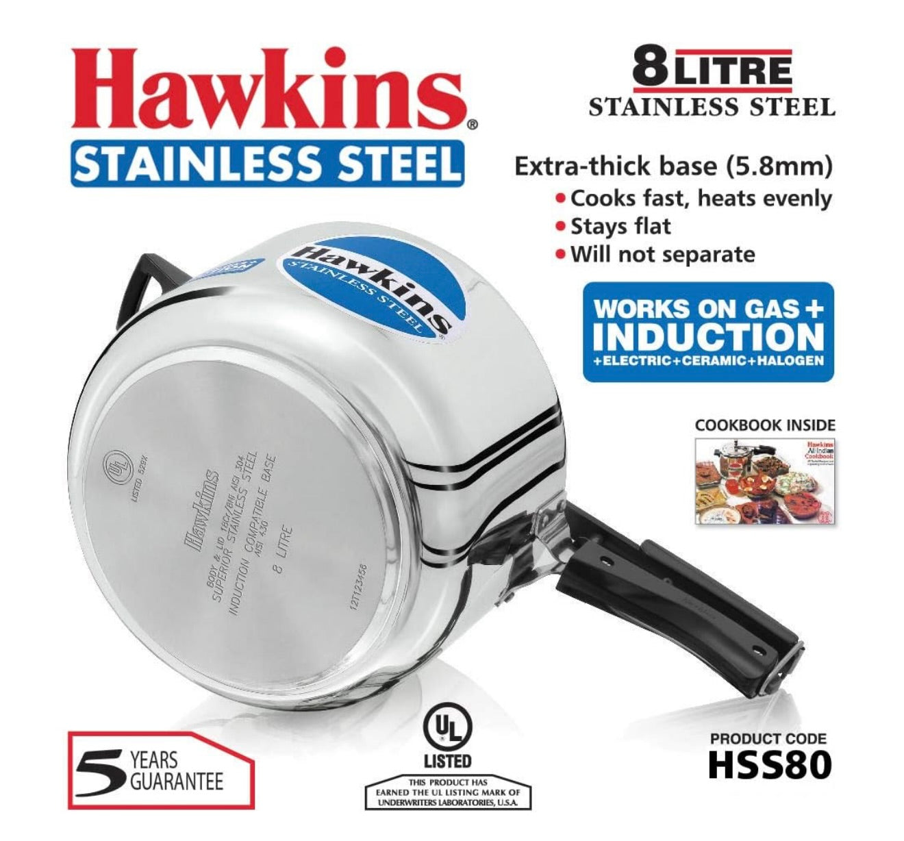Hawkins Stainless Steel 8 litre Inner Lid Pressure Cooker with Induction Compatible