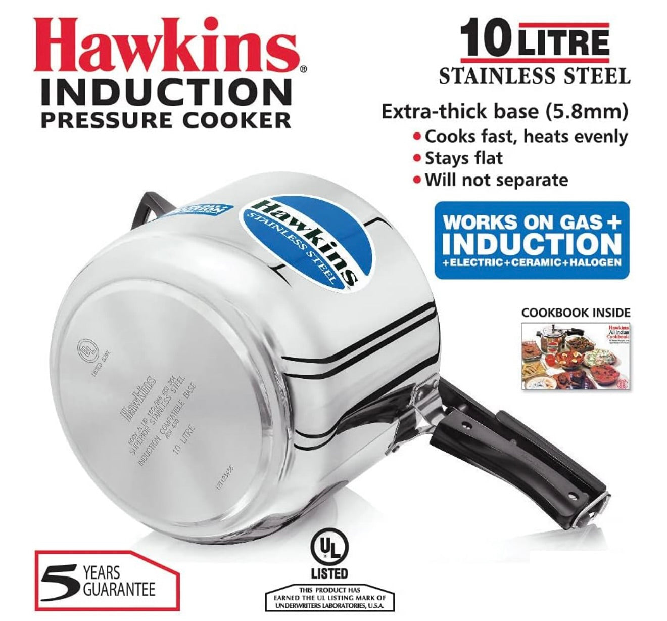 Hawkins Stainless Steel 10L Inner Lid Pressure Cooker Induction Compatible, 10 Liter