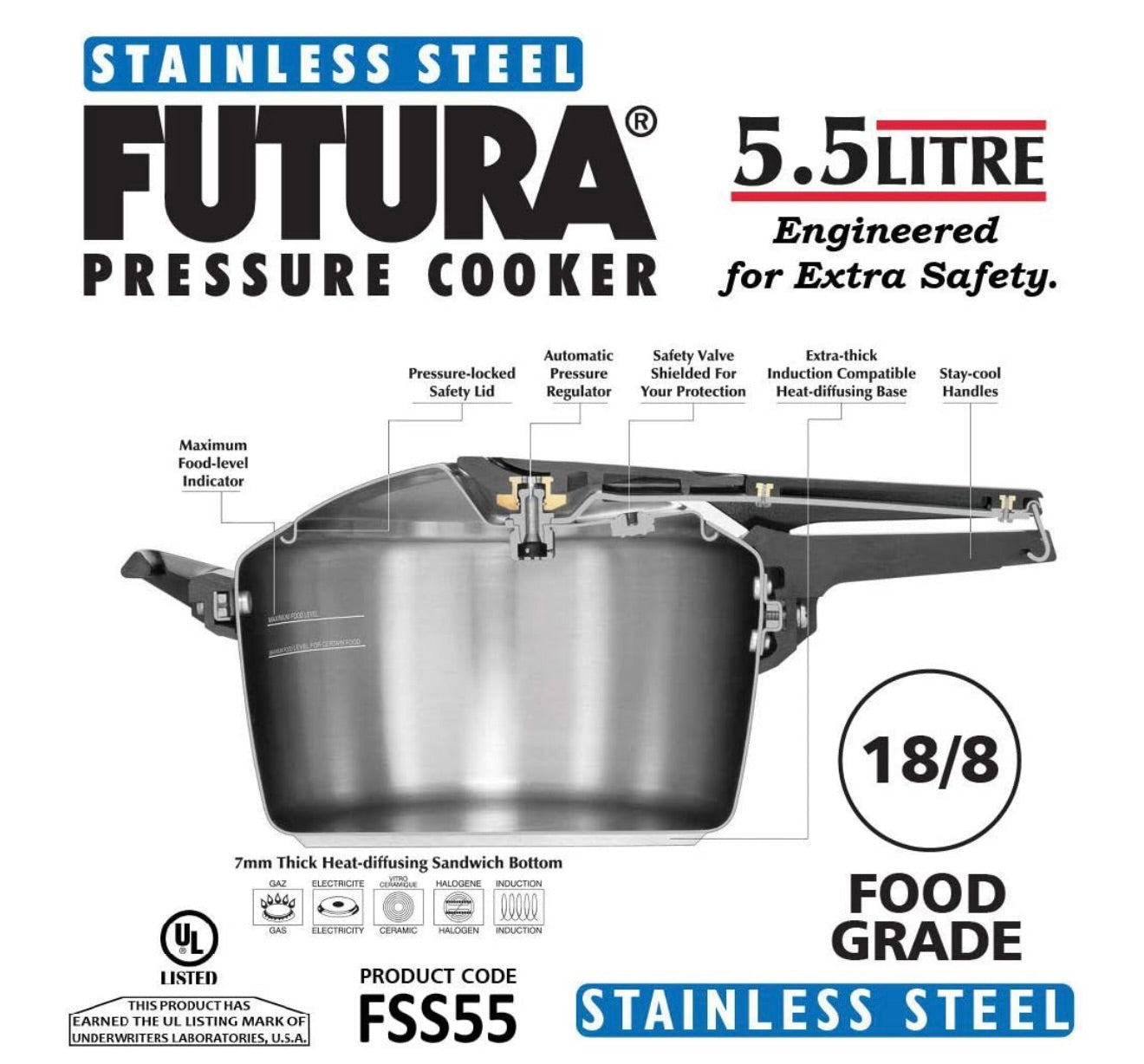 Hawkins Futura 5.5 Litre Inner Lid Pressure Cooker, Stainless Steel Cooker, Induction Cooker, Pan Cooker, Silver (FSS55), 5.5 Liter