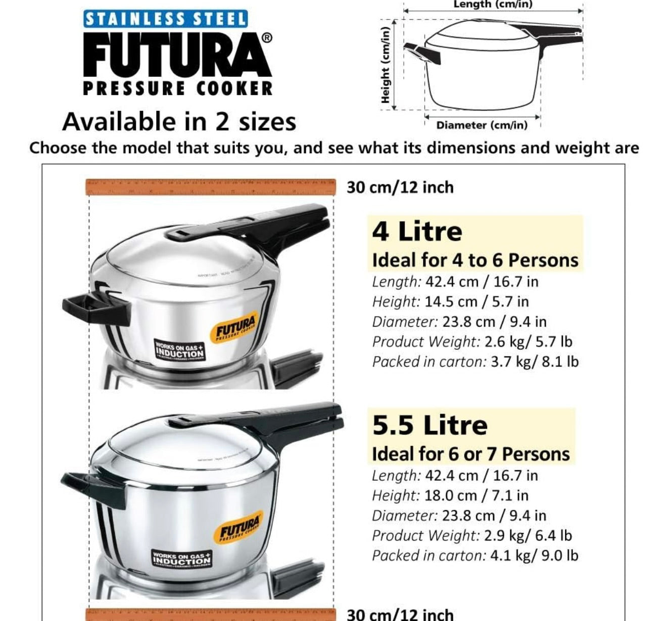 Hawkins Futura 5.5 Litre Inner Lid Pressure Cooker, Stainless Steel Cooker, Induction Cooker, Pan Cooker, Silver (FSS55), 5.5 Liter